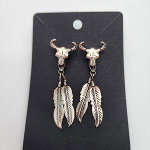 Silver Bull Skull Feather Earrings Vintage Navajo Sterling Dangle Studs